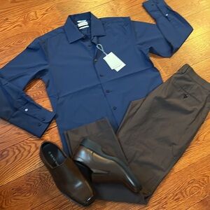 Lucky Brand Mens LS 4Way Stretch Slim Fit Solid Blue Color Dress Shirt Size M